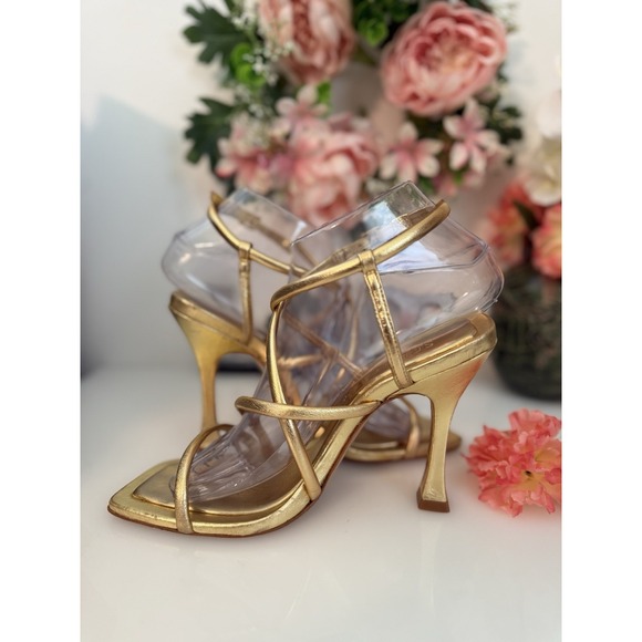 Schutz Womens Lovi Metallic Gold Tone Leather Strappy 4.5" Square Heels Sz 7.5B - Picture 14 of 16